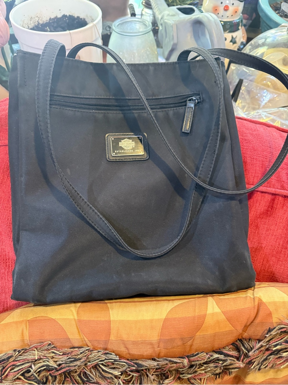 Harley-Davidson Black Shoulder Tote with Front Zip and Logo Plaque